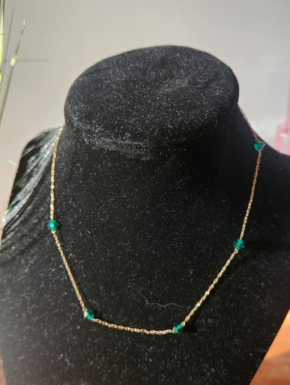 Gold Chain Necklace with Emerald Green Glass Bead Accents. 13"